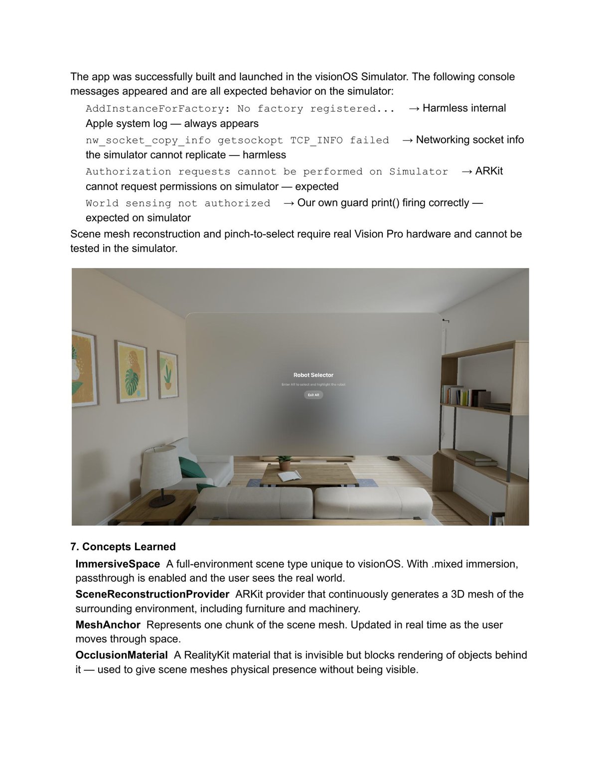 visionOS Simulator testing notes and screenshot